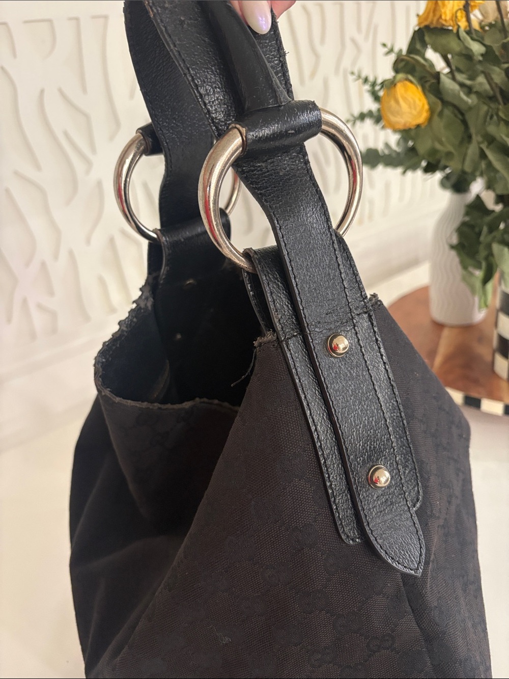 Authentic Gucci Black Canvas Horsebit Ring Hobo Shoulder Bag (Large) - Picture 5 of 12